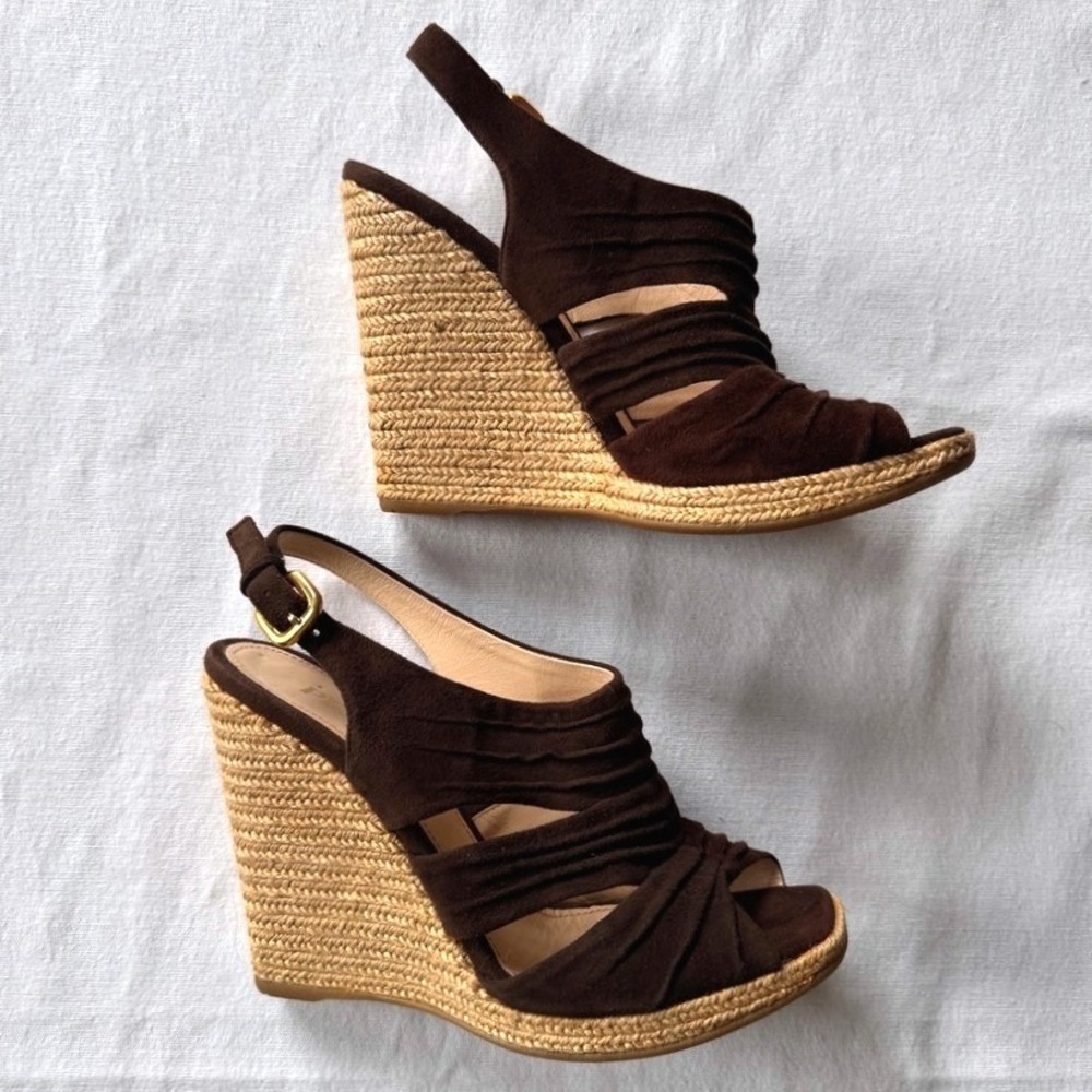 Prada Brown Suede Espadrille Wedge Sandals Slingback Ruched Italian Size 38.5 - Picture 4 of 9